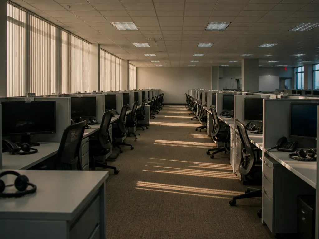 A wide, quiet corporate customer support floor photographed in late afternoon light, two long…