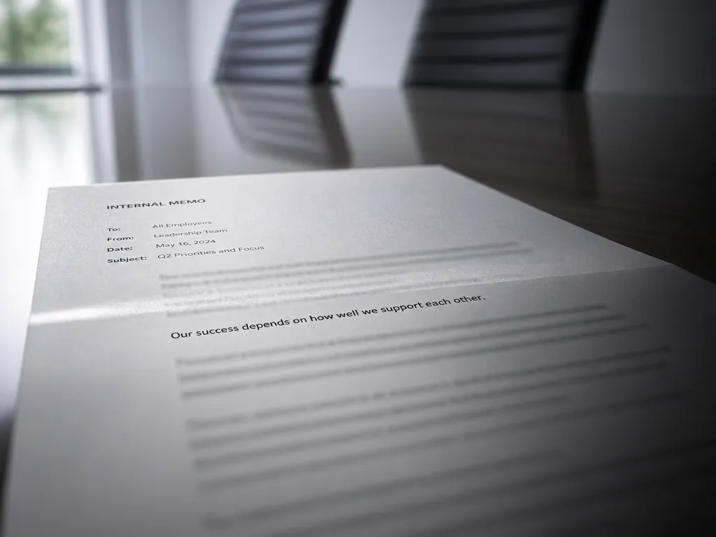 Tight editorial still life of a printed internal memo lying slightly askew on a…