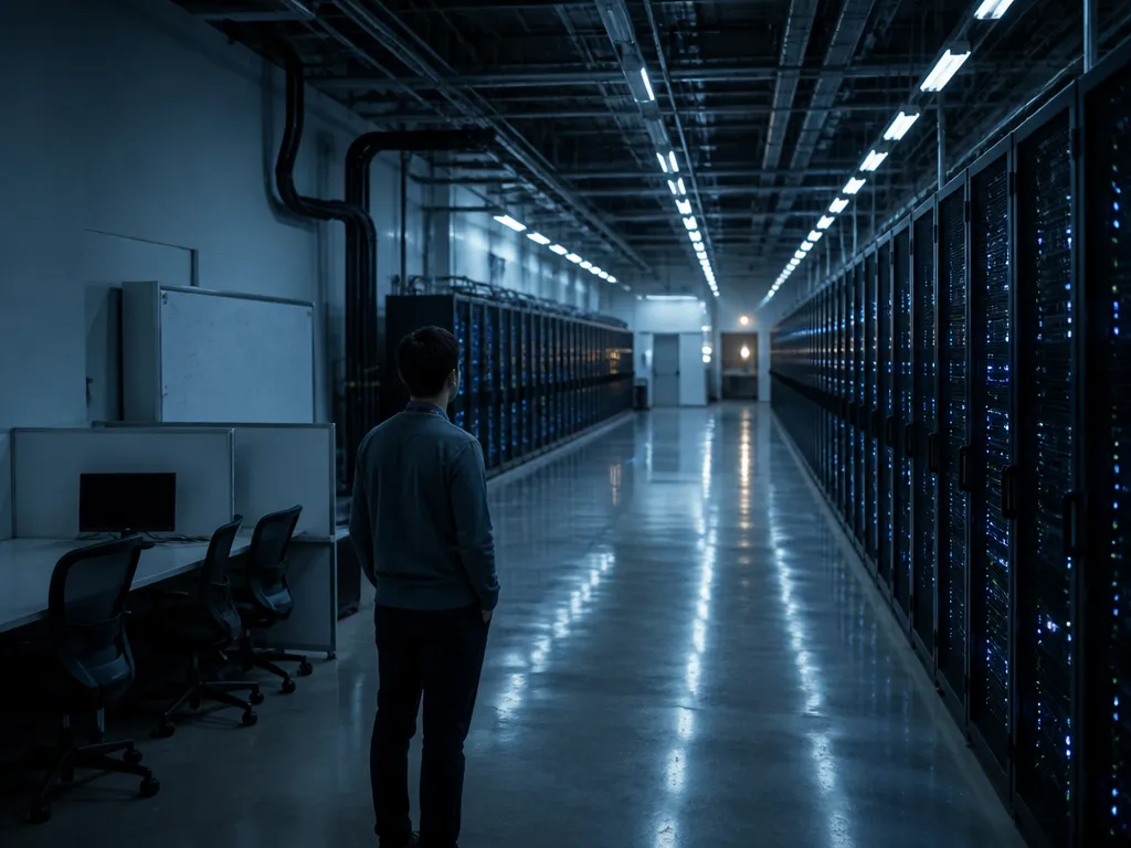 Photorealistic corporate documentary photograph shot inside a vast, nearly empty hyperscale data center hall…