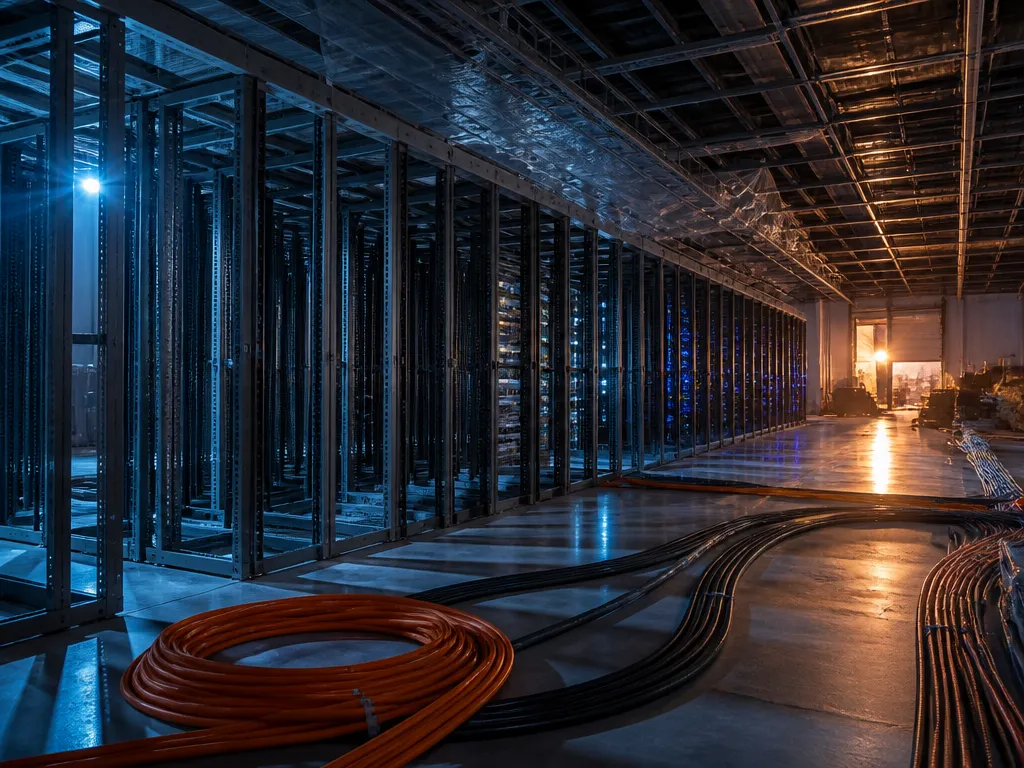 A photorealistic wide editorial photograph taken at dusk inside a partially completed hyperscale data…