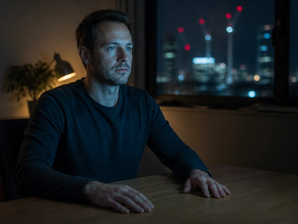 A photorealistic environmental portrait of a person in their mid-thirties seated alone at a…