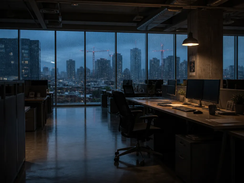 A wide documentary photograph of an empty open-plan office floor in a Seattle high-rise…