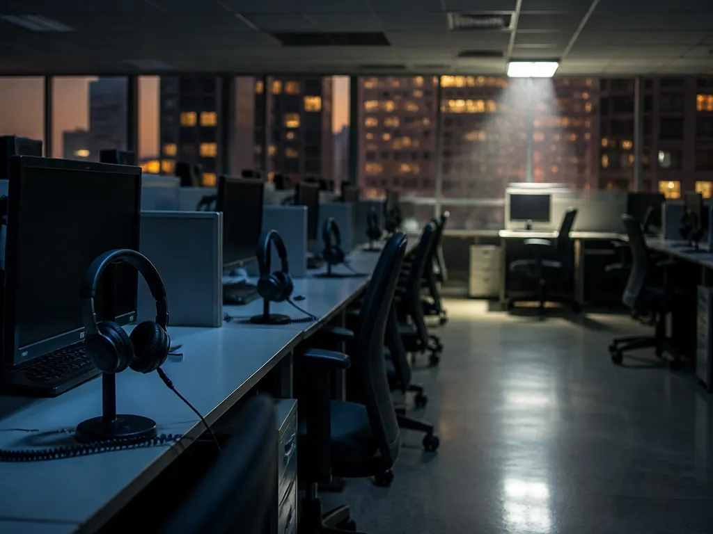 A photorealistic corporate photograph of an empty open-plan customer support floor at dusk, shot…