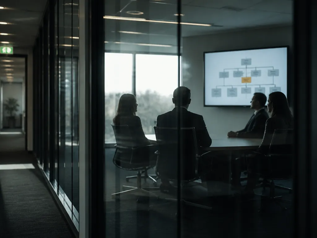 A photorealistic documentary photograph taken through the glass wall of a modern executive conference…