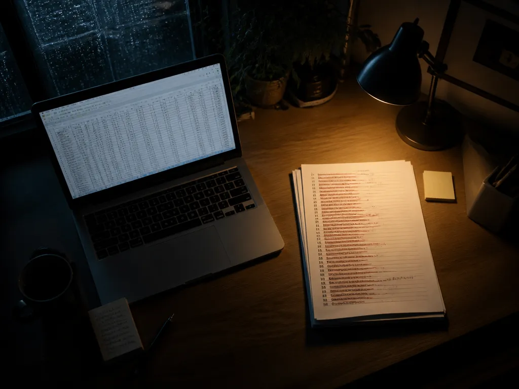A photorealistic overhead photograph of a plain wooden desk in a dim home office…
