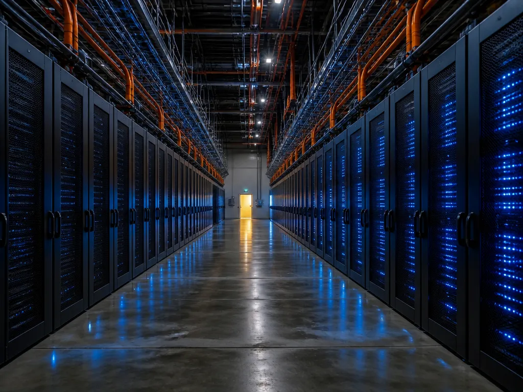 Wide-angle interior photograph of a vast, newly built datacenter hall at dusk, endless rows…