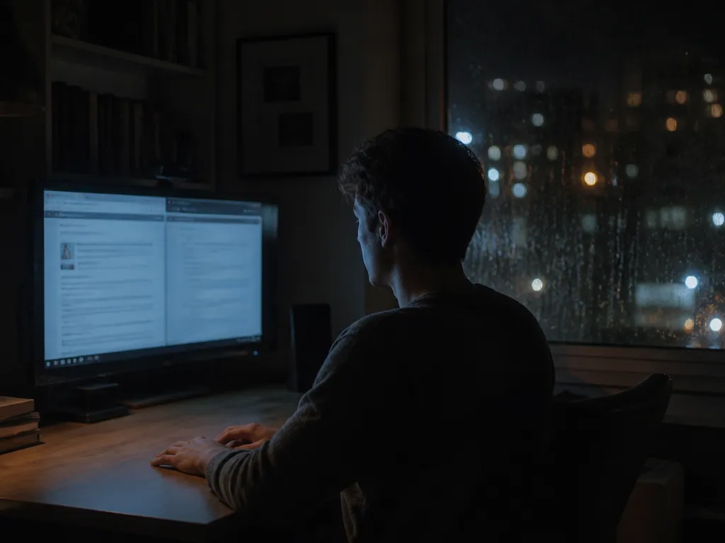 Environmental portrait of a person seated alone at a desk in a dim home…