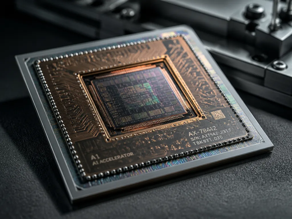 Close-up macro product photograph of a single custom AI accelerator chip resting on an…