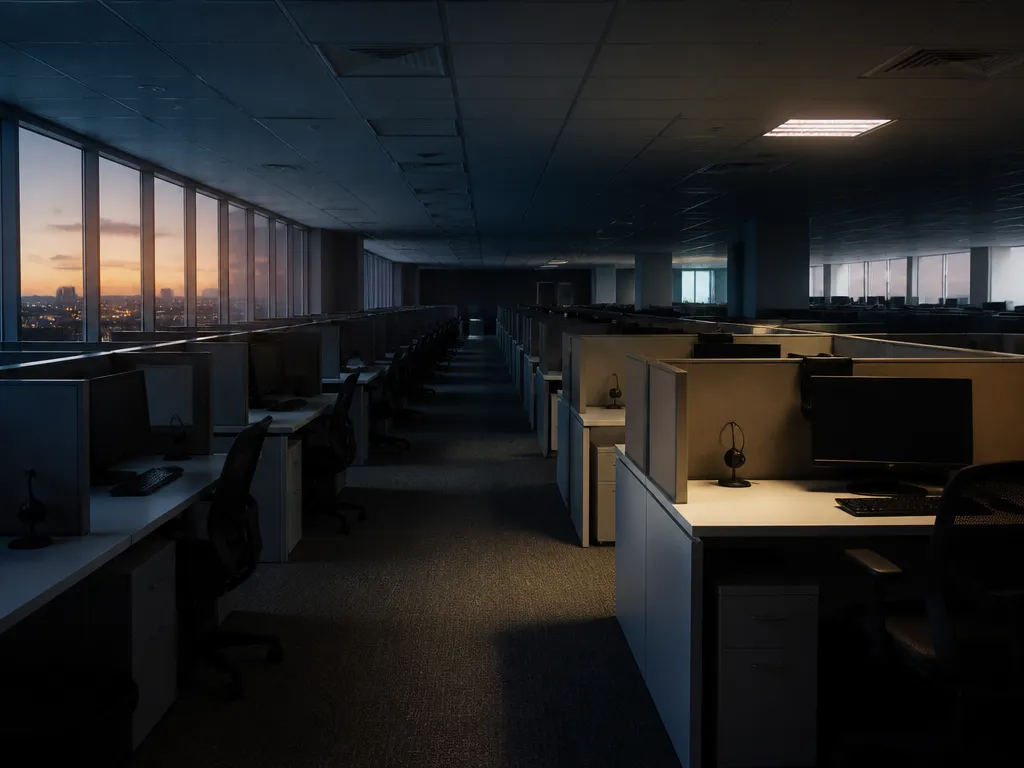 A wide editorial photograph of an empty open-plan customer support floor at dusk, three…
