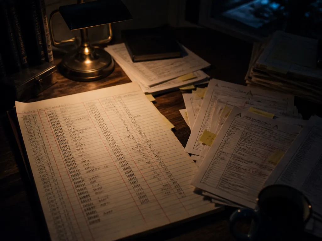 A photorealistic overhead photograph of a private home office desk late at night, shot…