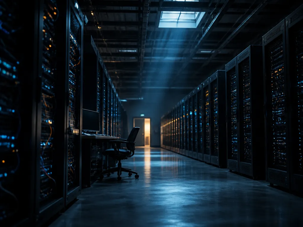 A photorealistic editorial photograph of a vast hyperscale data center hall at dusk, shot…
