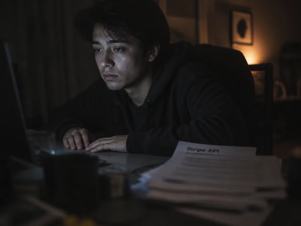 A photorealistic close-up photograph of a young software engineer sitting alone at a cluttered…