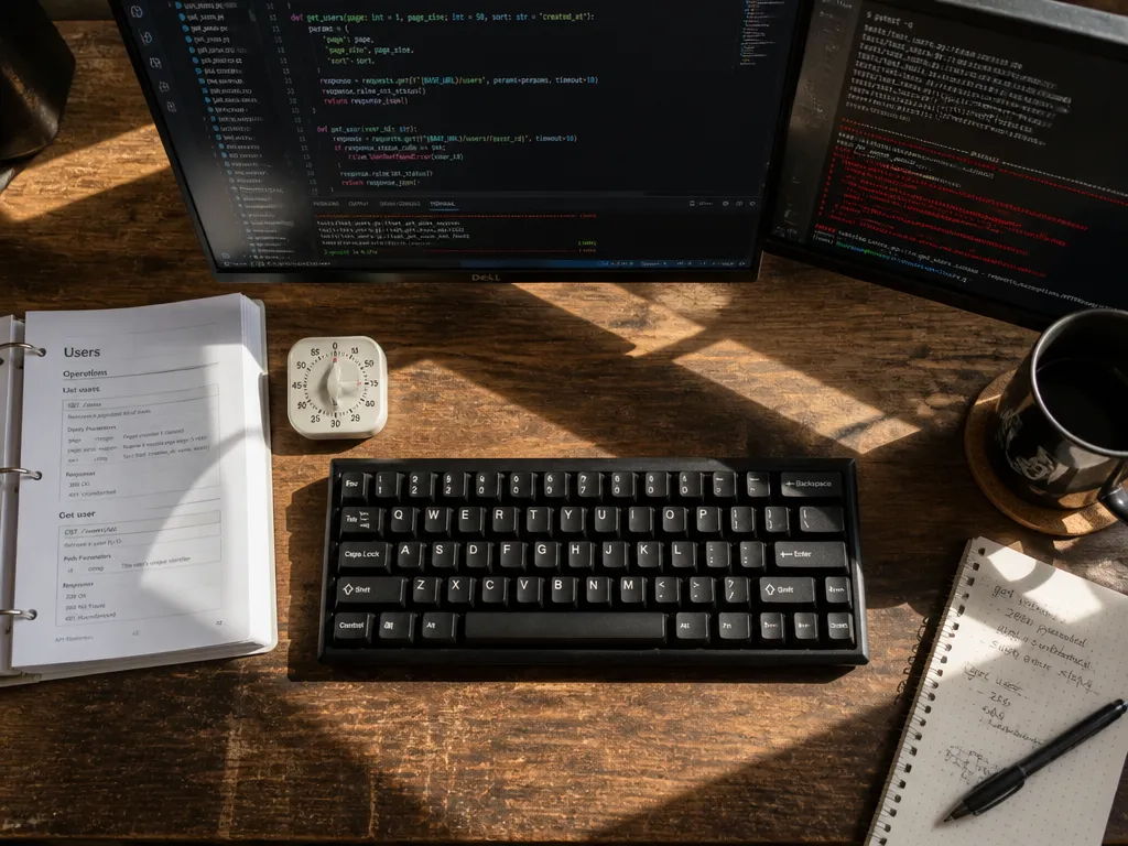 A photorealistic overhead photograph of a real developer workspace at the moment of practice…