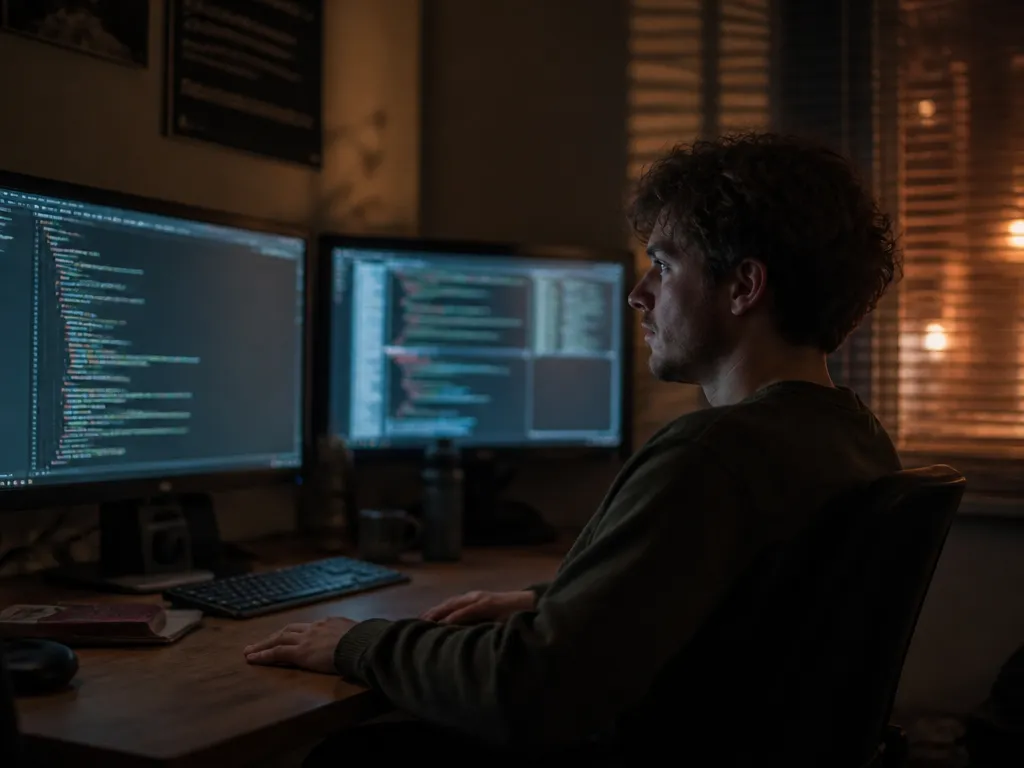 A photorealistic editorial photograph of a lone software engineer seated at a modest home…