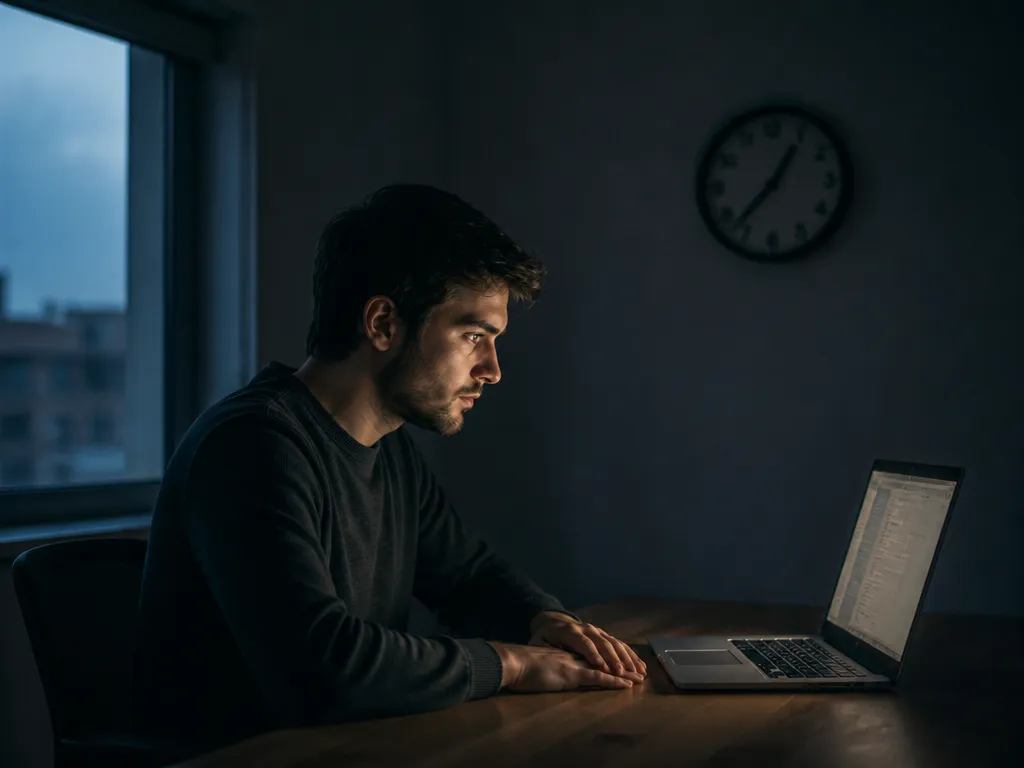 A photorealistic wide-angle photograph of a young software engineer seated alone at a plain…