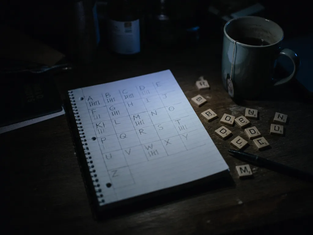 Photorealistic close-up photograph of an empty late-night home desk lit only by the cold…