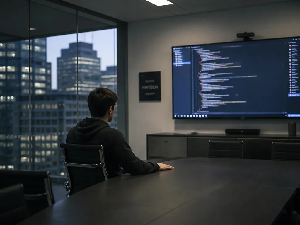 Photorealistic wide editorial photograph of a young software engineer sitting alone in a glass-walled…