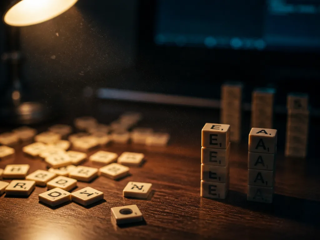 A close-up photorealistic photograph of a wooden desk at night, shot at a low…