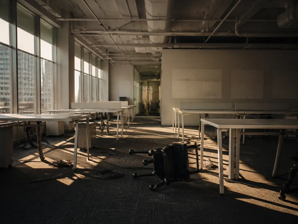 A wide-angle photorealistic photograph of an emptied open-plan tech office in San Francisco at…