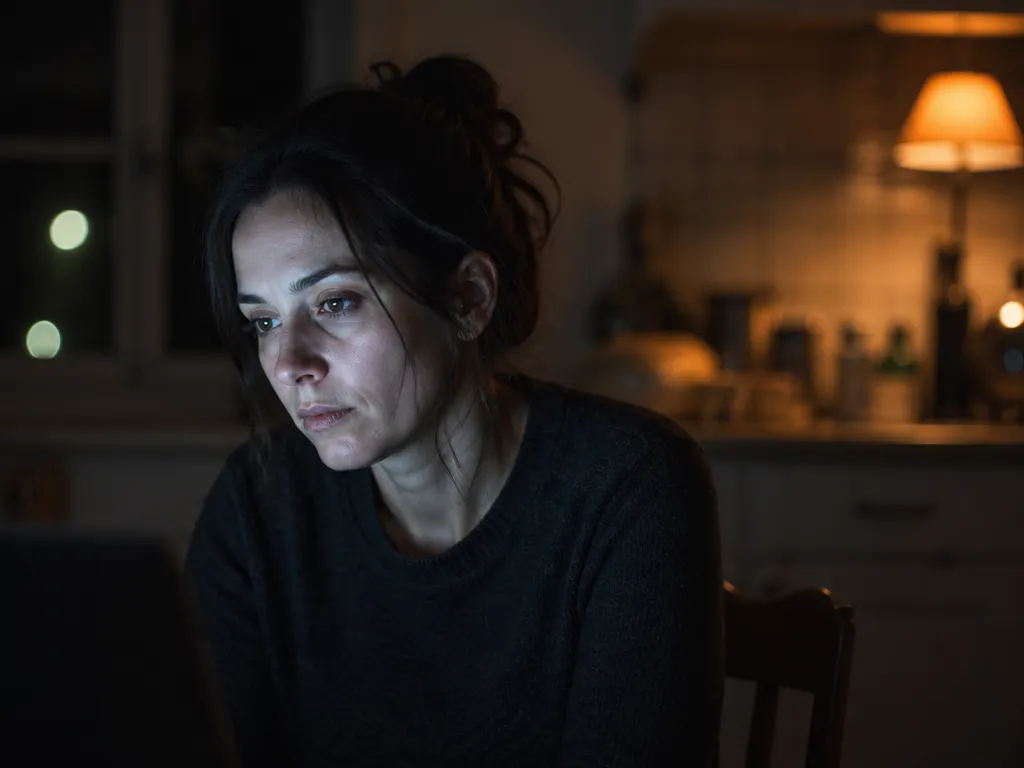 A photorealistic medium close-up portrait of a person in their thirties seated alone at…