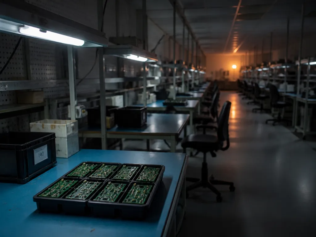 A dimly lit contract manufacturing floor at end of shift, photographed at eye level…