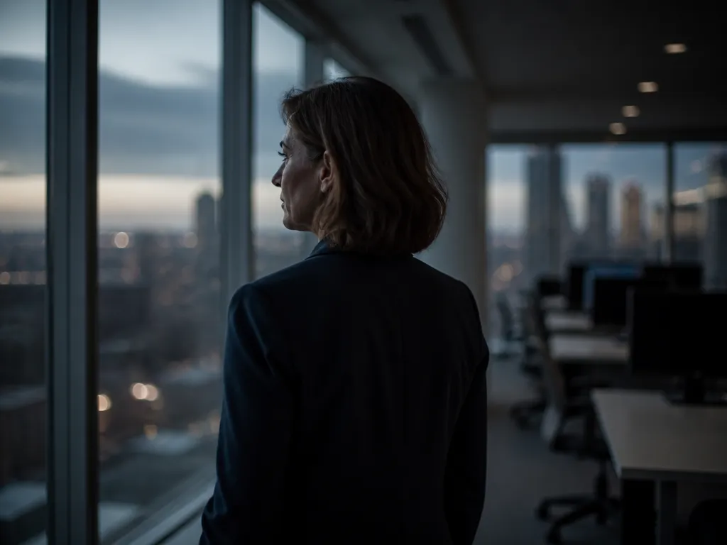 A woman in her forties stands at a floor-to-ceiling office window at dusk, seen…