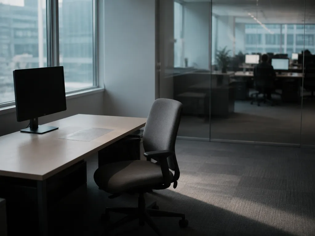 A photorealistic editorial photograph of an empty gray office chair pushed back from a…