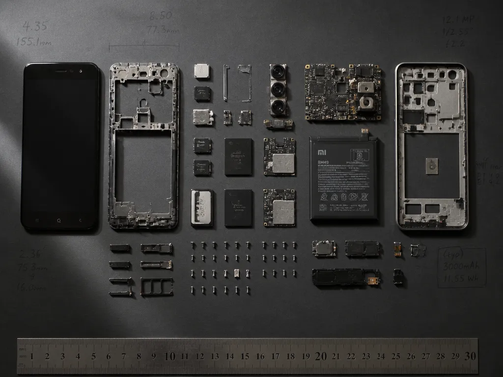 A photorealistic overhead editorial photograph of a mid-tier smartphone fully disassembled on a matte…