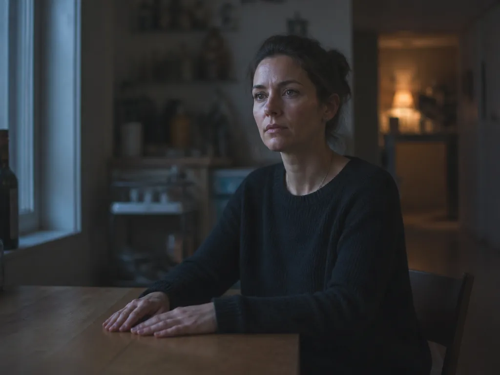 A photorealistic editorial portrait of a woman in her early thirties sitting alone at…