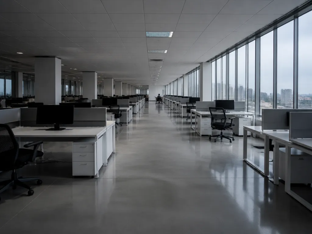 A photorealistic wide-angle architectural photograph of a half-emptied open-plan corporate office on a grey…