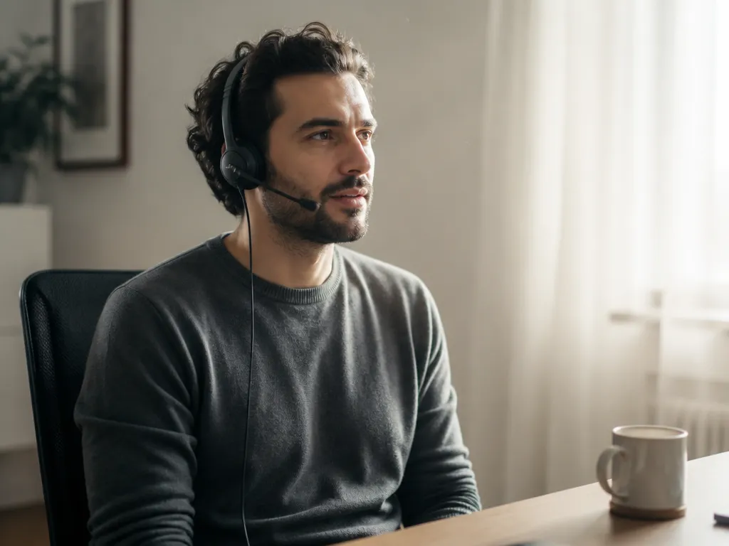 A photorealistic editorial portrait of a software engineer seated at a bare desk in…