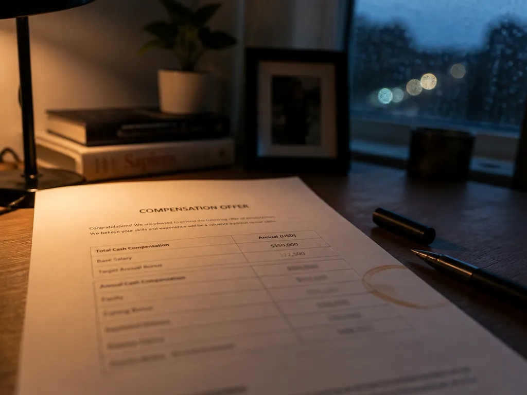 A photorealistic close-up photograph of a home office desk at dusk, shot on a…
