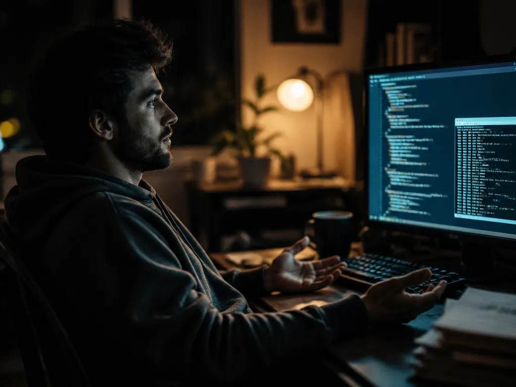 A photorealistic editorial photograph of a lone software engineer seated at a cluttered home…
