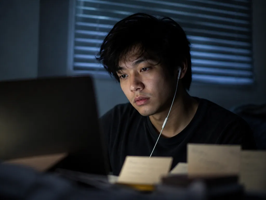 A tight editorial photograph of a young software engineer seated at a cluttered home…