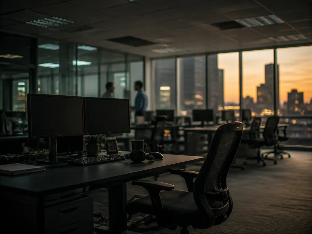 A photorealistic editorial photograph of a mid-size open-plan tech office at dusk, shot from…