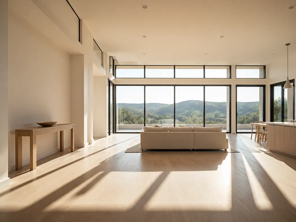 A photorealistic interior photograph of an empty open-plan living room in a high-end California…