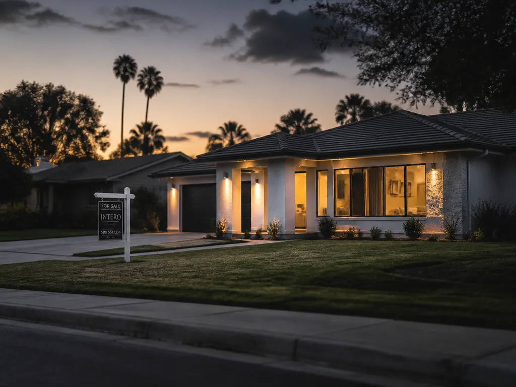 A wide-angle photorealistic photograph of a single modern Silicon Valley suburban house at dusk…