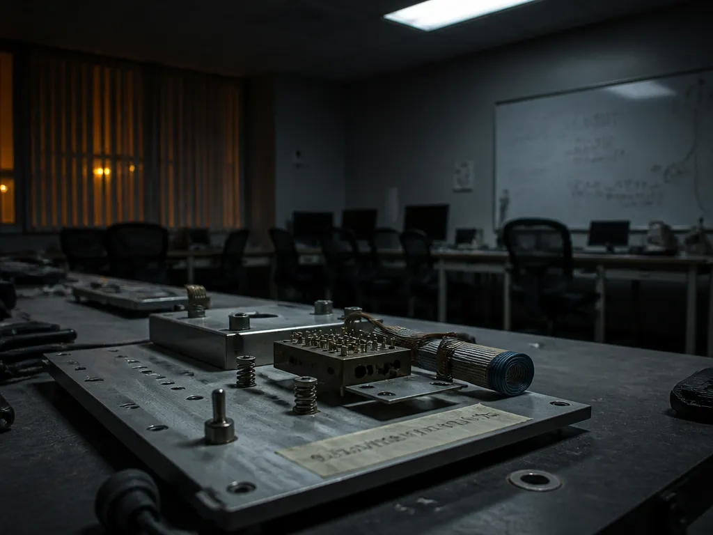 Photorealistic wide editorial photograph of a dim, empty hardware engineering lab after hours: a…