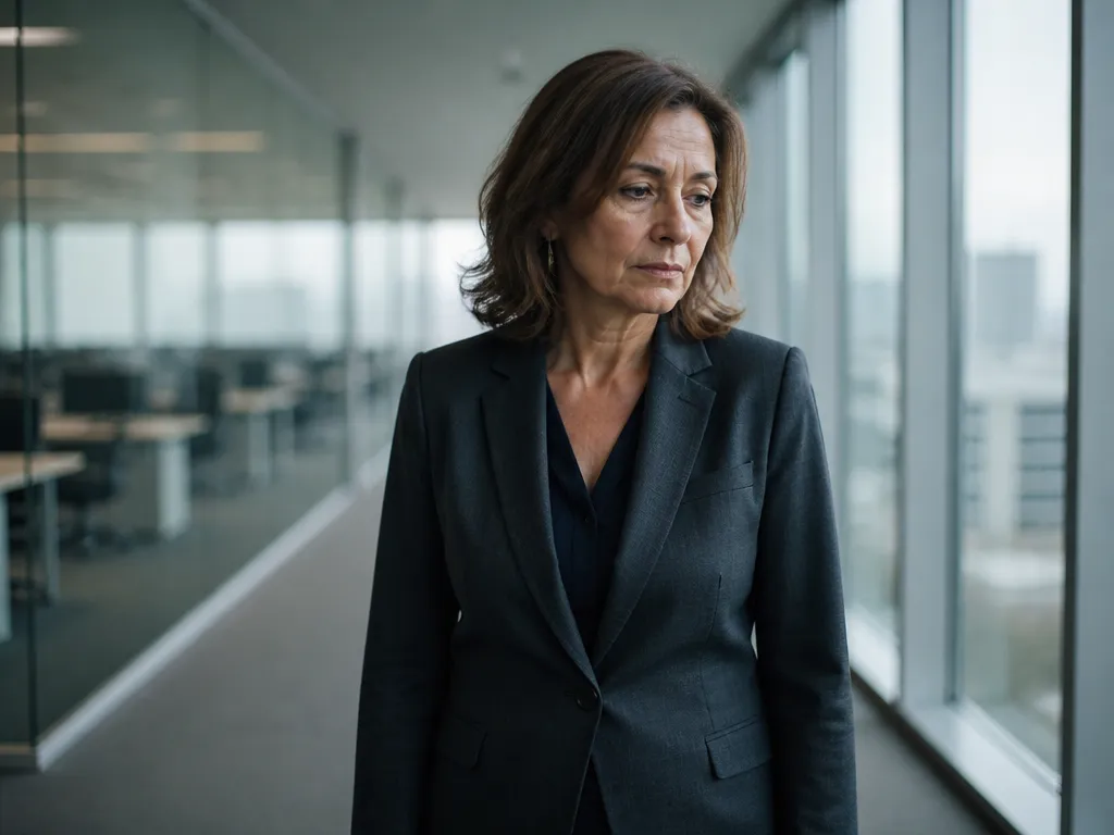 A candid environmental portrait of a woman in her fifties in a charcoal blazer…