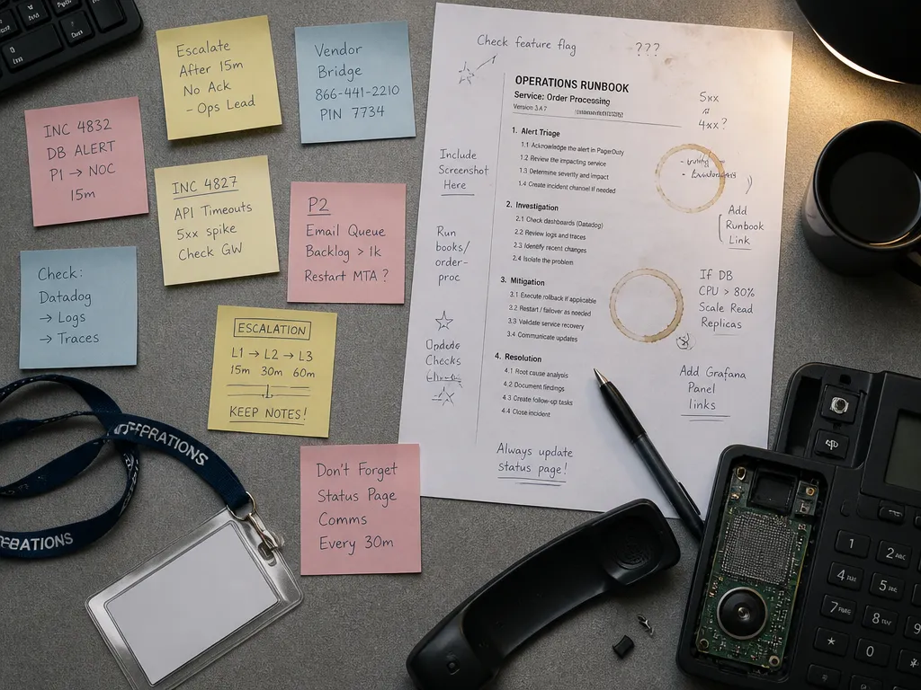 An overhead flat-lay photograph of an operations team's abandoned workspace, shot from directly above…