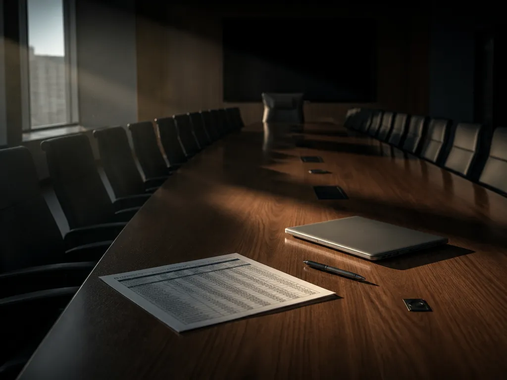 A dim corporate conference room photographed after hours, shot on a 35mm lens at…