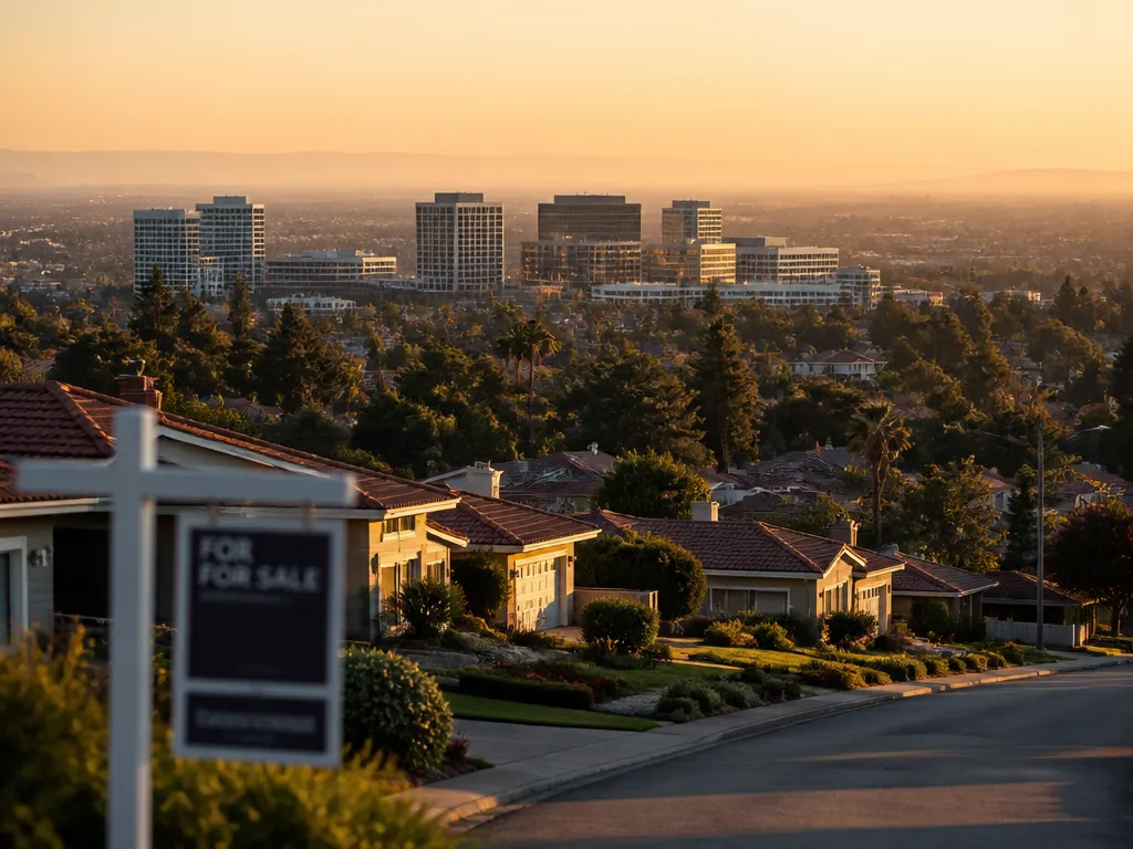 Photorealistic architectural photograph of a hillside Peninsula neighborhood in Northern California at golden hour…