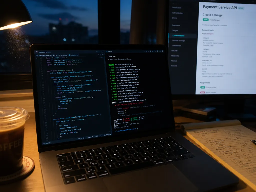 Photorealistic close-up photograph of a home-office desk at dusk, shot on a 35mm lens…