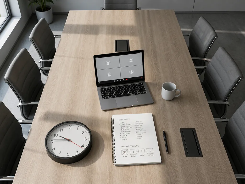 A photorealistic overhead photograph of an empty modern conference-room table shot from directly above…