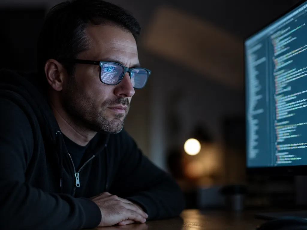 A photorealistic close-up photograph of a mid-thirties software engineer seated at a home desk…