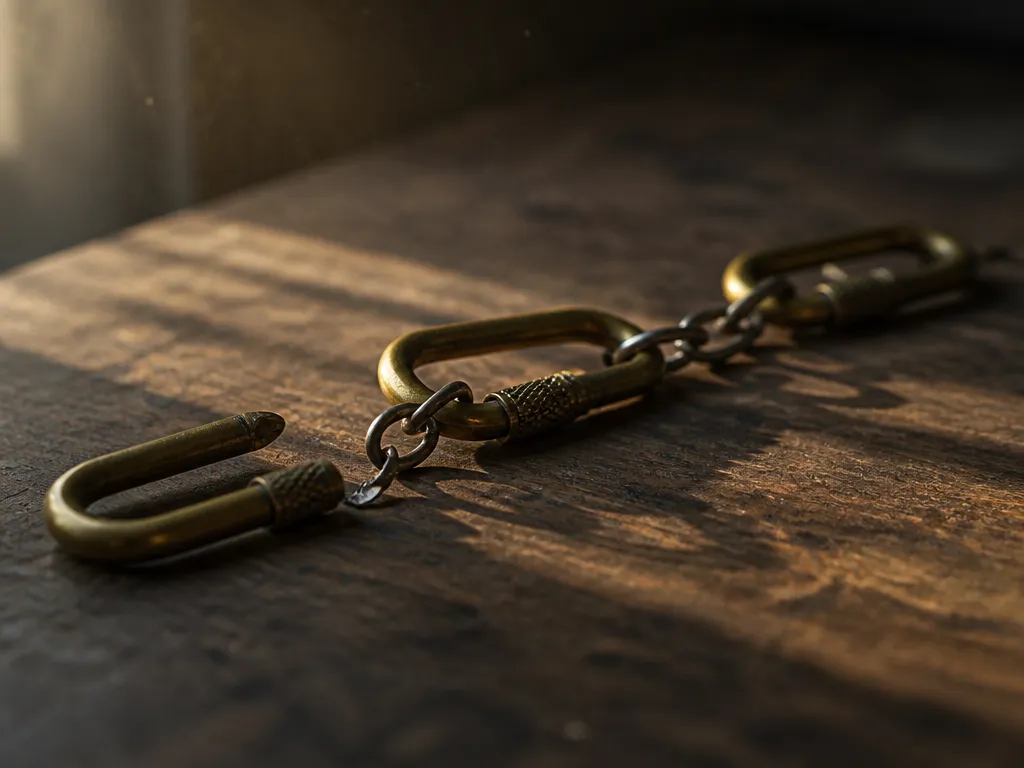 A photorealistic close-up documentary photograph of three vintage brass carabiner clips laid out in…