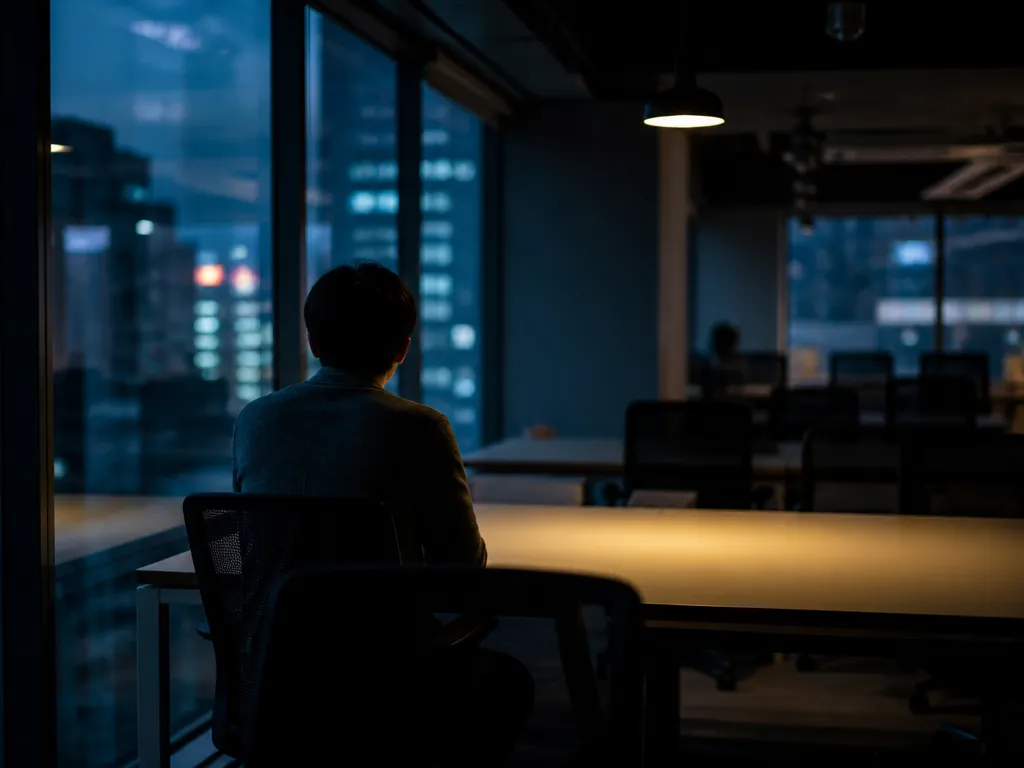 A photorealistic candid photograph of a person seated alone at a long empty office…