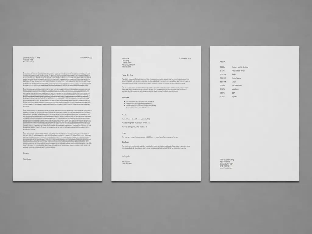 A wide photorealistic photograph of three identical sheets of paper laid side by side…