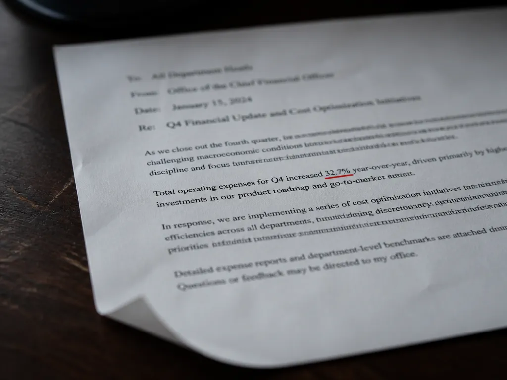 A close-up photorealistic photograph of a plain white printed memo lying on a scuffed…