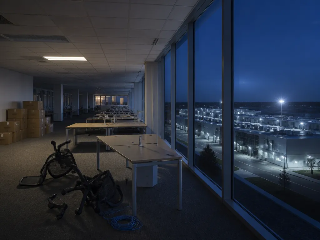 Photorealistic wide-angle interior photograph of a vast, mostly emptied open-plan tech office at dusk…